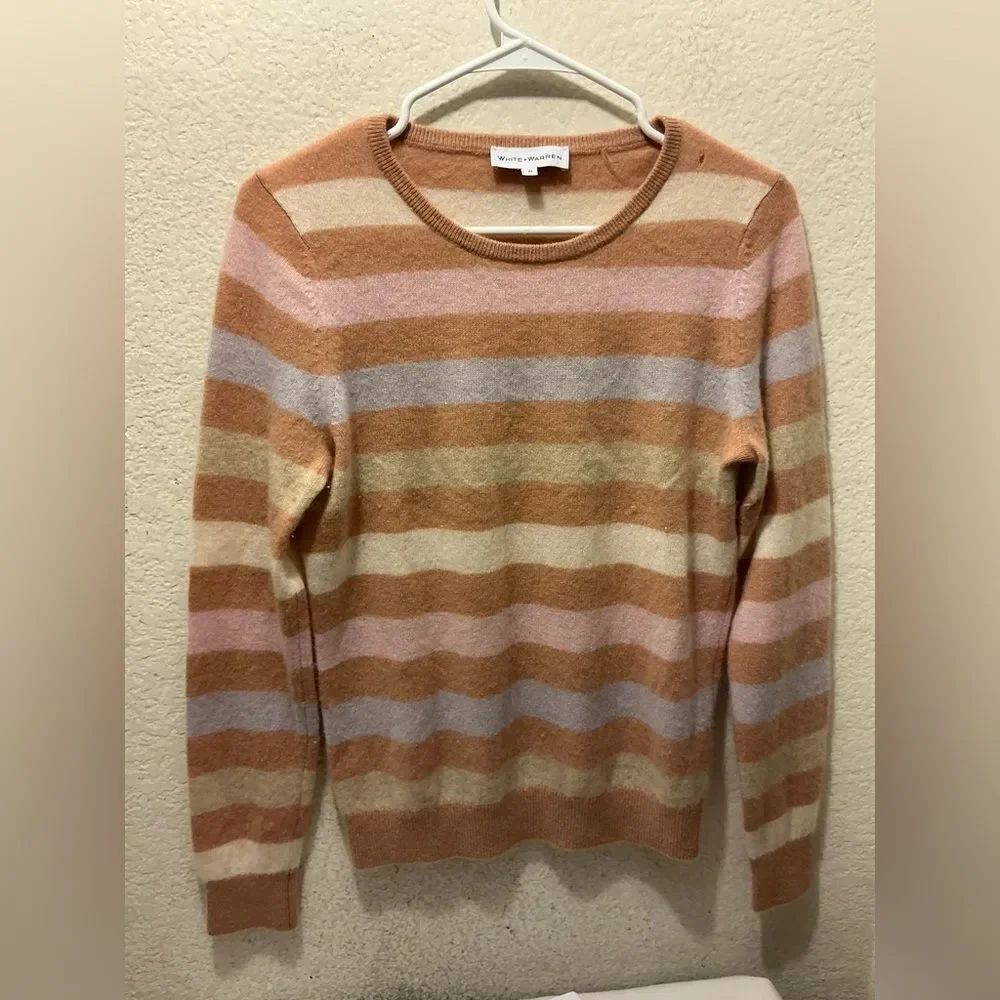 White + Warren Striped Sweater in Pink, Tan, and Cream 100% cashmere